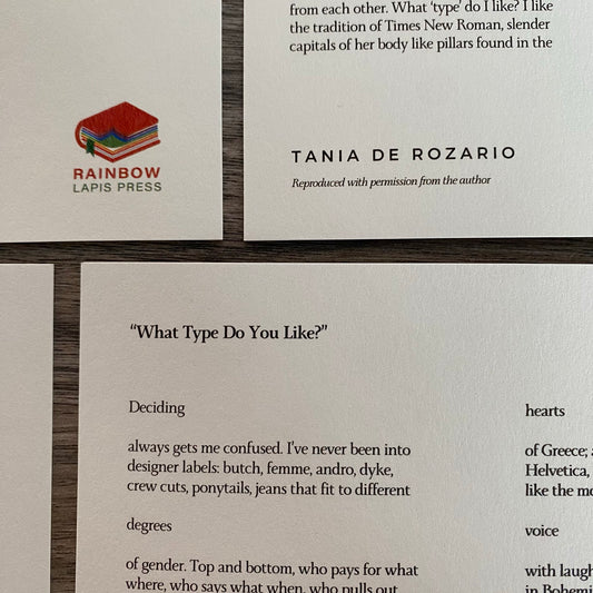 "What Type Do You Like?" by Tania De Rozario (A5 Poetry Postcard)